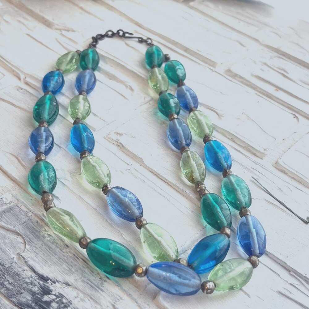 Blue & Green Double Strand bead necklace (###)